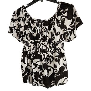Bebonnie Womens Sz L Blouse Off The Shoulder Smocked Floral Black & White Top